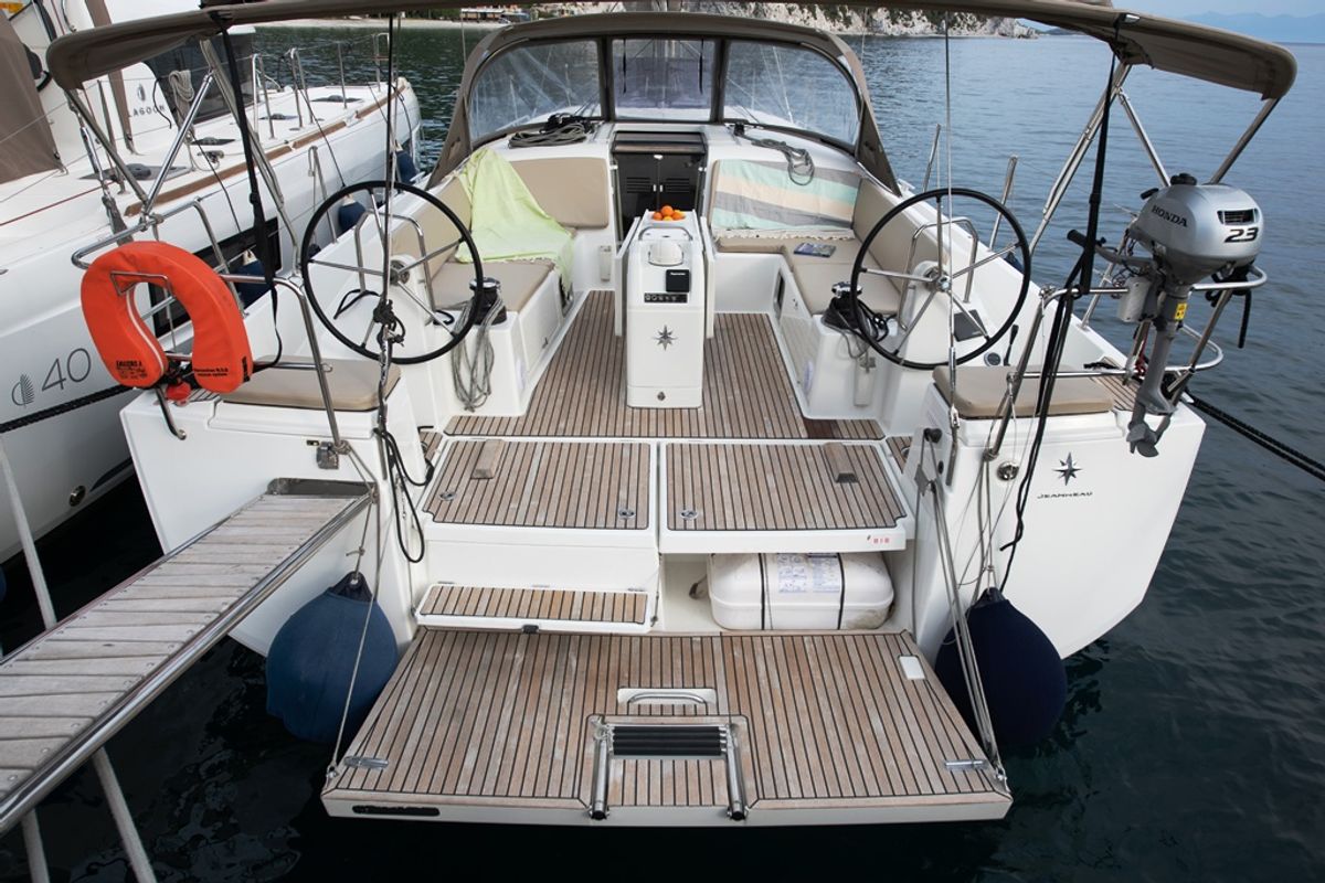 Cockpit of Lara, a Jeanneau Sun Odyssey 490 sailboat at Neo Klima, Greece
