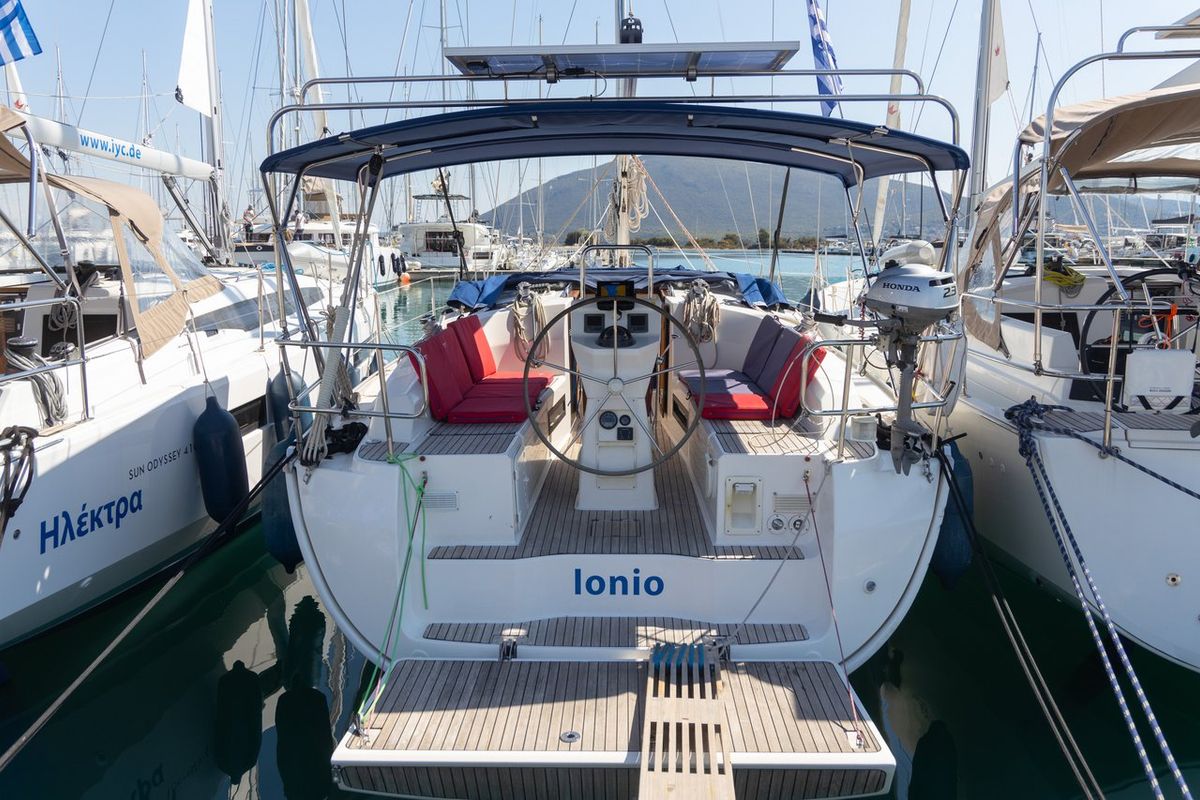 Cockpit of Ionio, a Bavaria Cruiser 36 sailboat at Municipal Unit of Lefkada, Greece