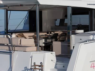 Deck of Sky Star, a Bali 4.4 catamaran at Tourlos, Greece