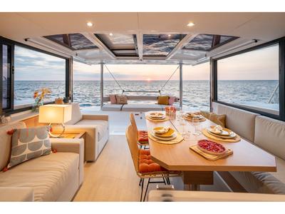 Salon of Sky Star, a Bali 4.4 catamaran at Tourlos, Greece