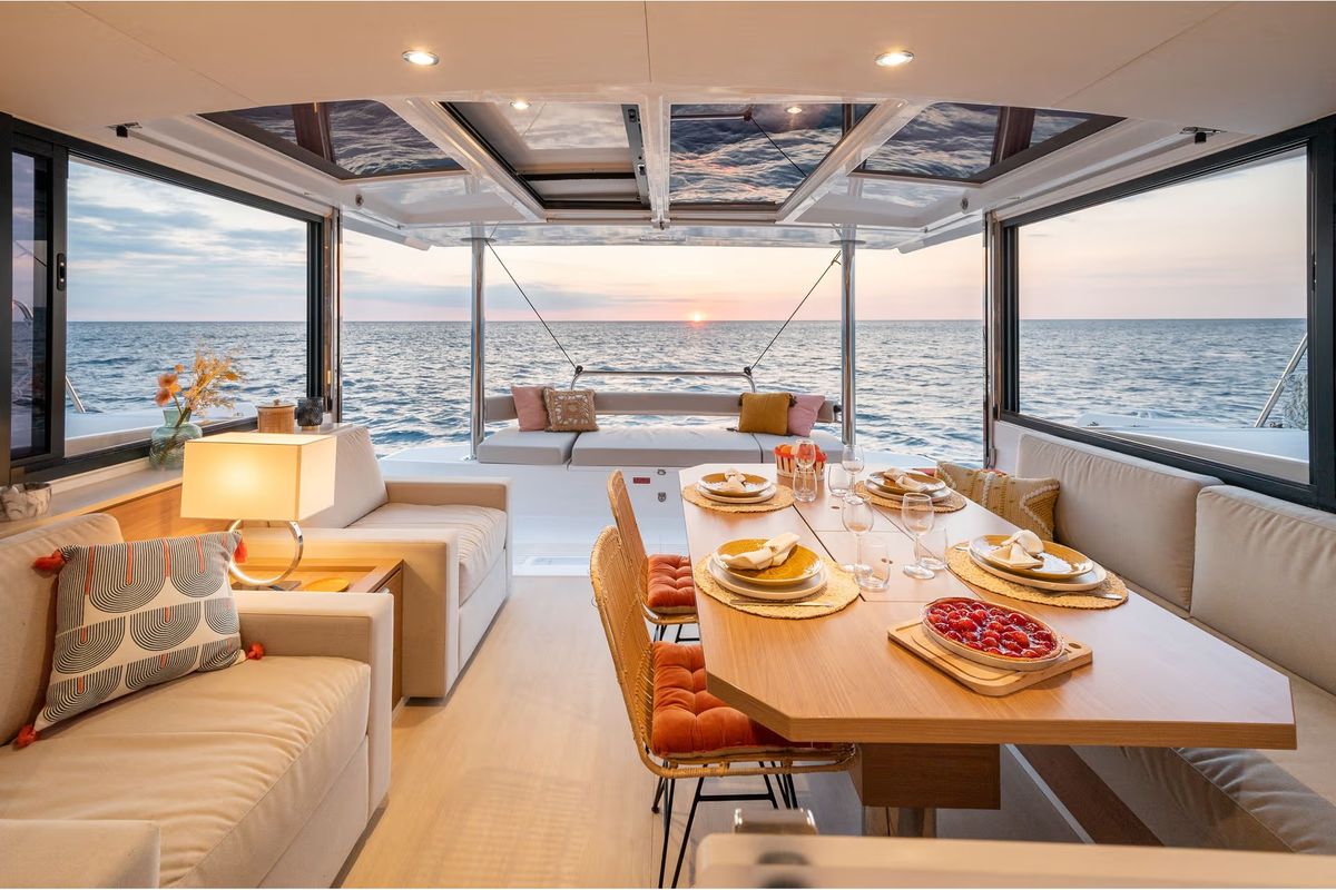 Salon of Sky Star, a Bali 4.4 catamaran at Tourlos, Greece