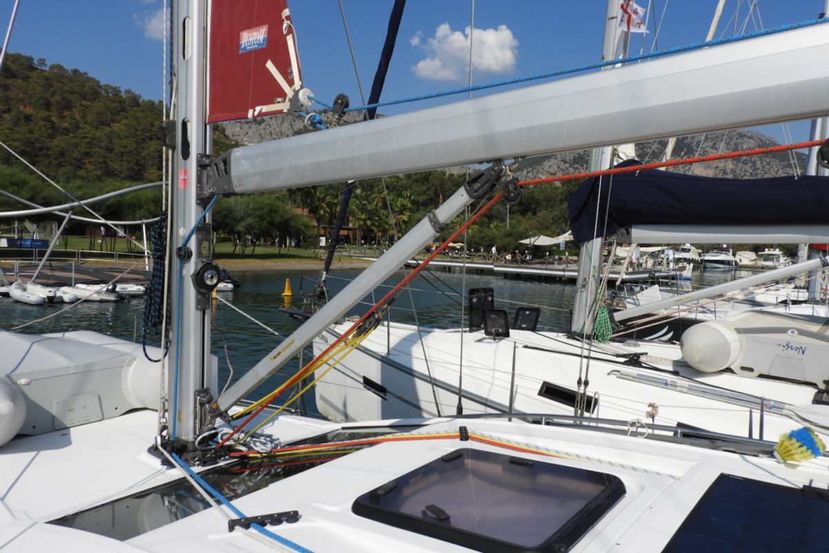 Deck of Moon Shadow, a Elan 444 Impression sailboat at Fethiye, Turkey