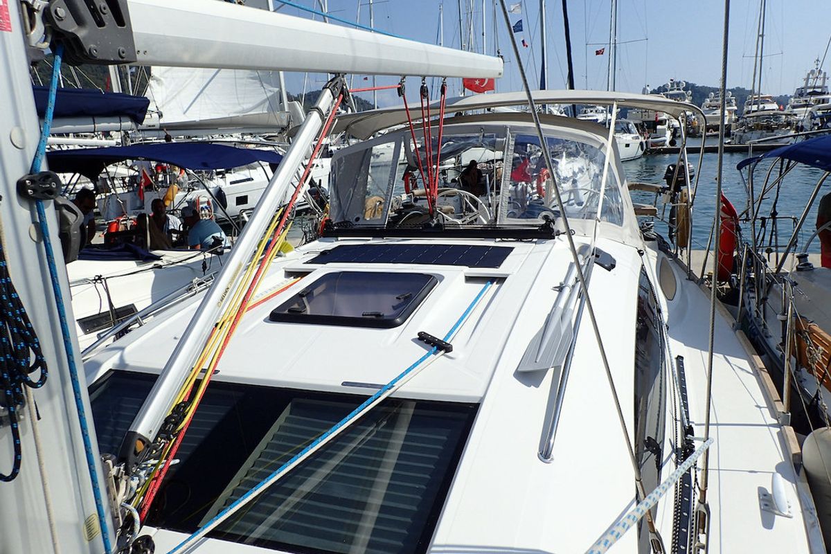Deck of Moon Shadow, a Elan 444 Impression sailboat at Fethiye, Turkey
