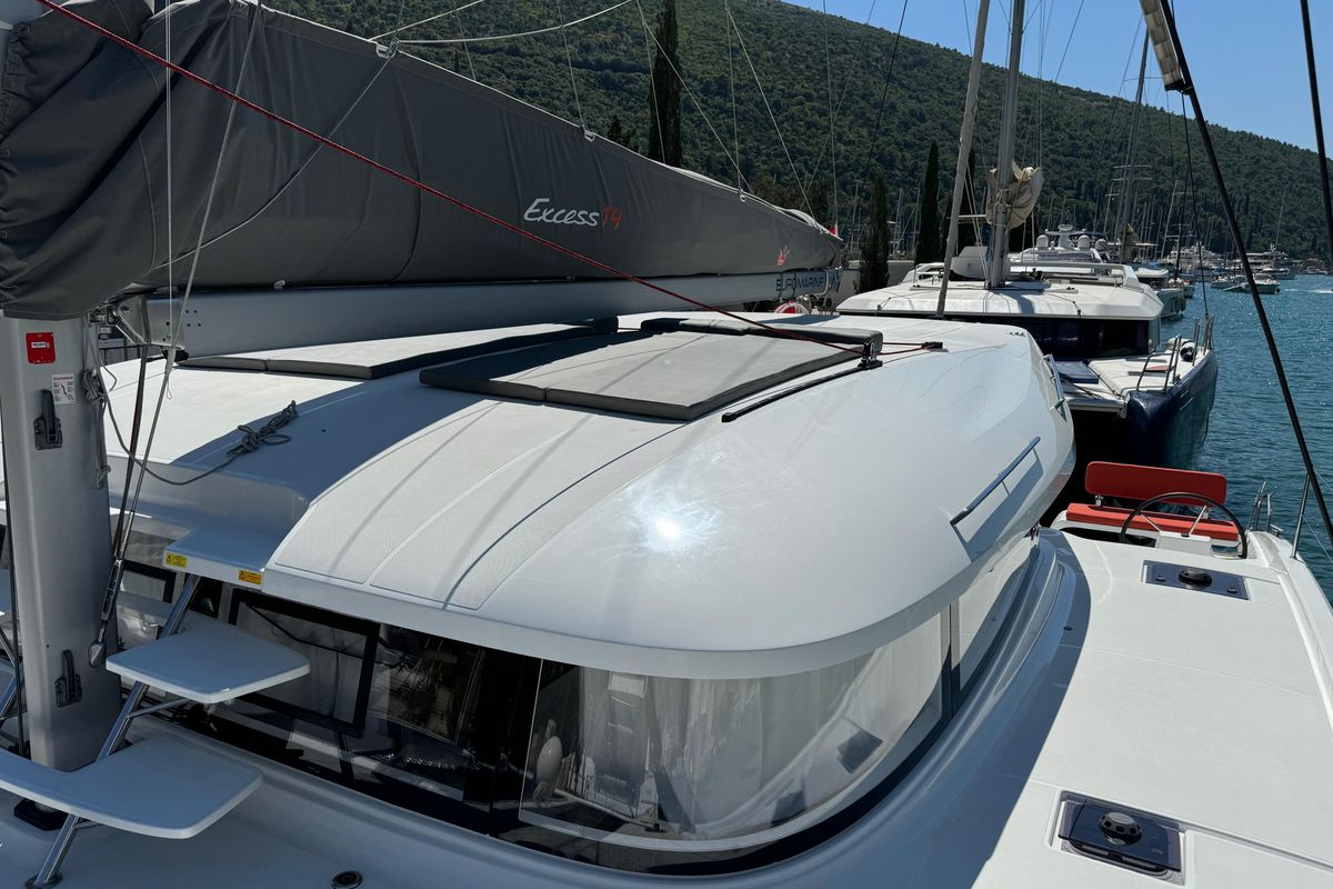 Deck of Blue Kiss, a Excess 14 catamaran at Dubrovnik, Croatia