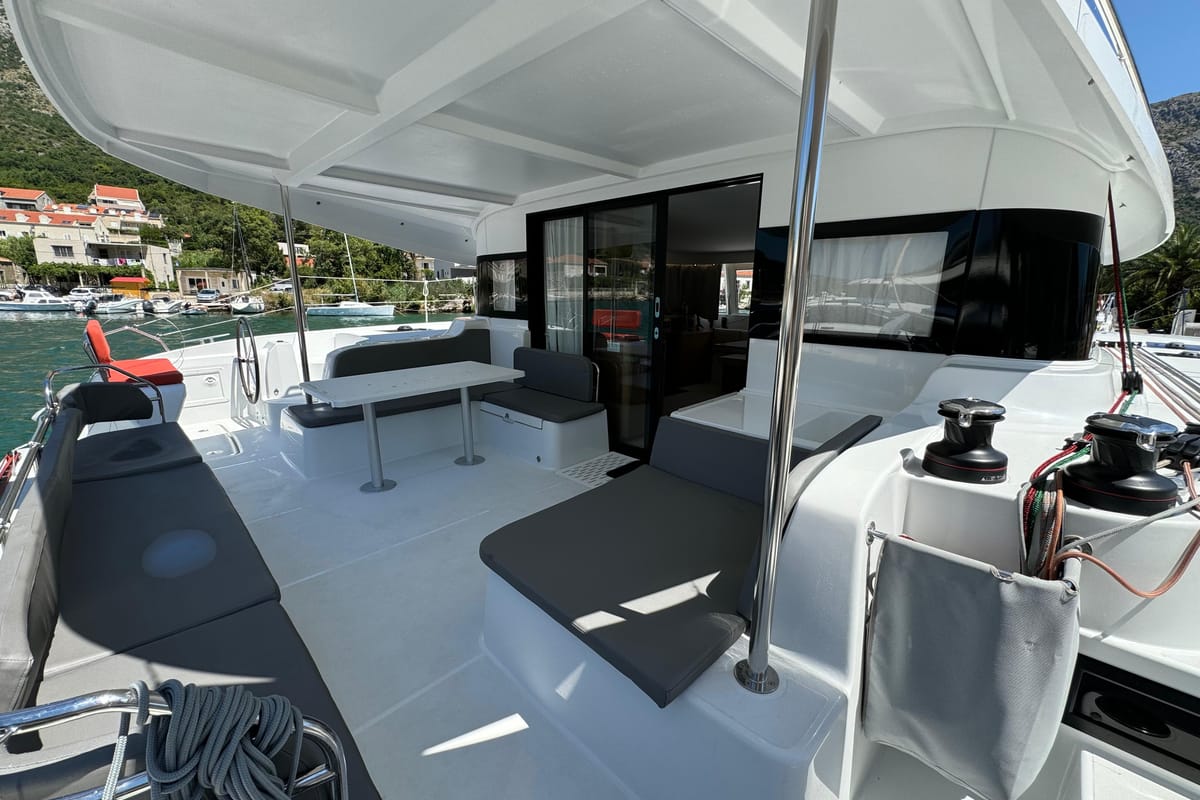 Deck of Blue Kiss, a Excess 14 catamaran at Dubrovnik, Croatia
