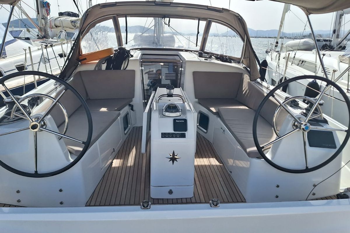 Cockpit of Iliada, a Jeanneau Sun Odyssey 410 sailboat at Municipal Unit of Palairos, Greece
