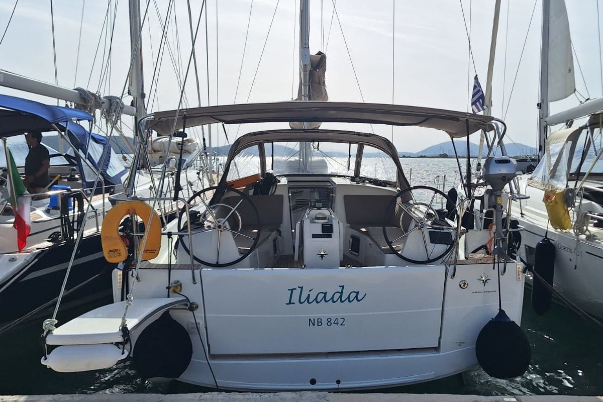 Exterior view of Iliada, a Jeanneau Sun Odyssey 410 sailboat at Municipal Unit of Palairos, Greece