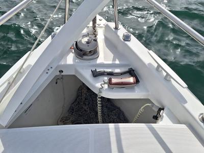 Deck of Iliada, a Jeanneau Sun Odyssey 410 sailboat at Municipal Unit of Palairos, Greece