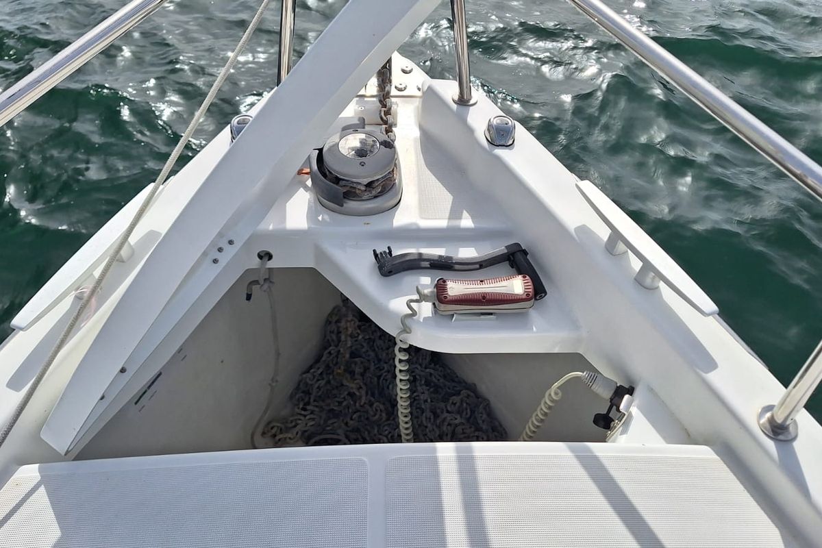 Deck of Iliada, a Jeanneau Sun Odyssey 410 sailboat at Municipal Unit of Palairos, Greece