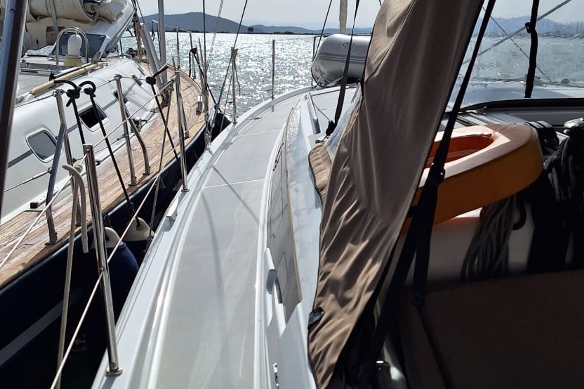 Deck of Iliada, a Jeanneau Sun Odyssey 410 sailboat at Municipal Unit of Palairos, Greece