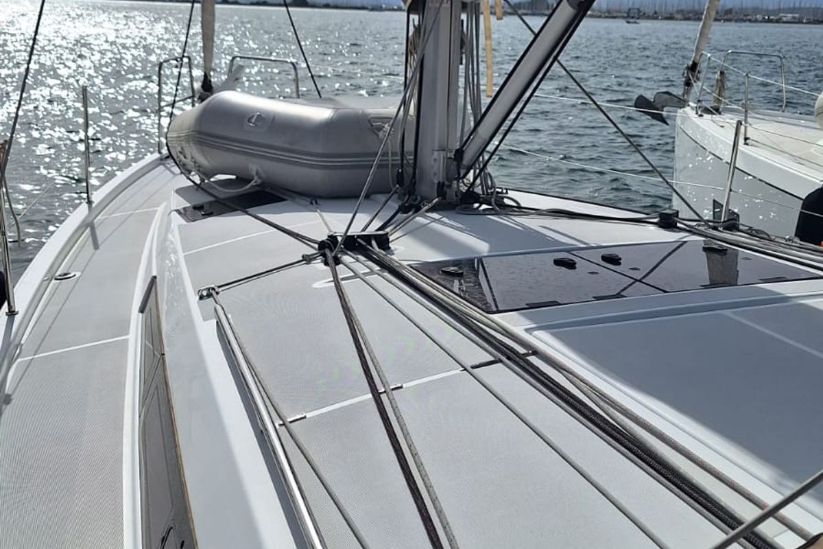 Deck of Iliada, a Jeanneau Sun Odyssey 410 sailboat at Municipal Unit of Palairos, Greece