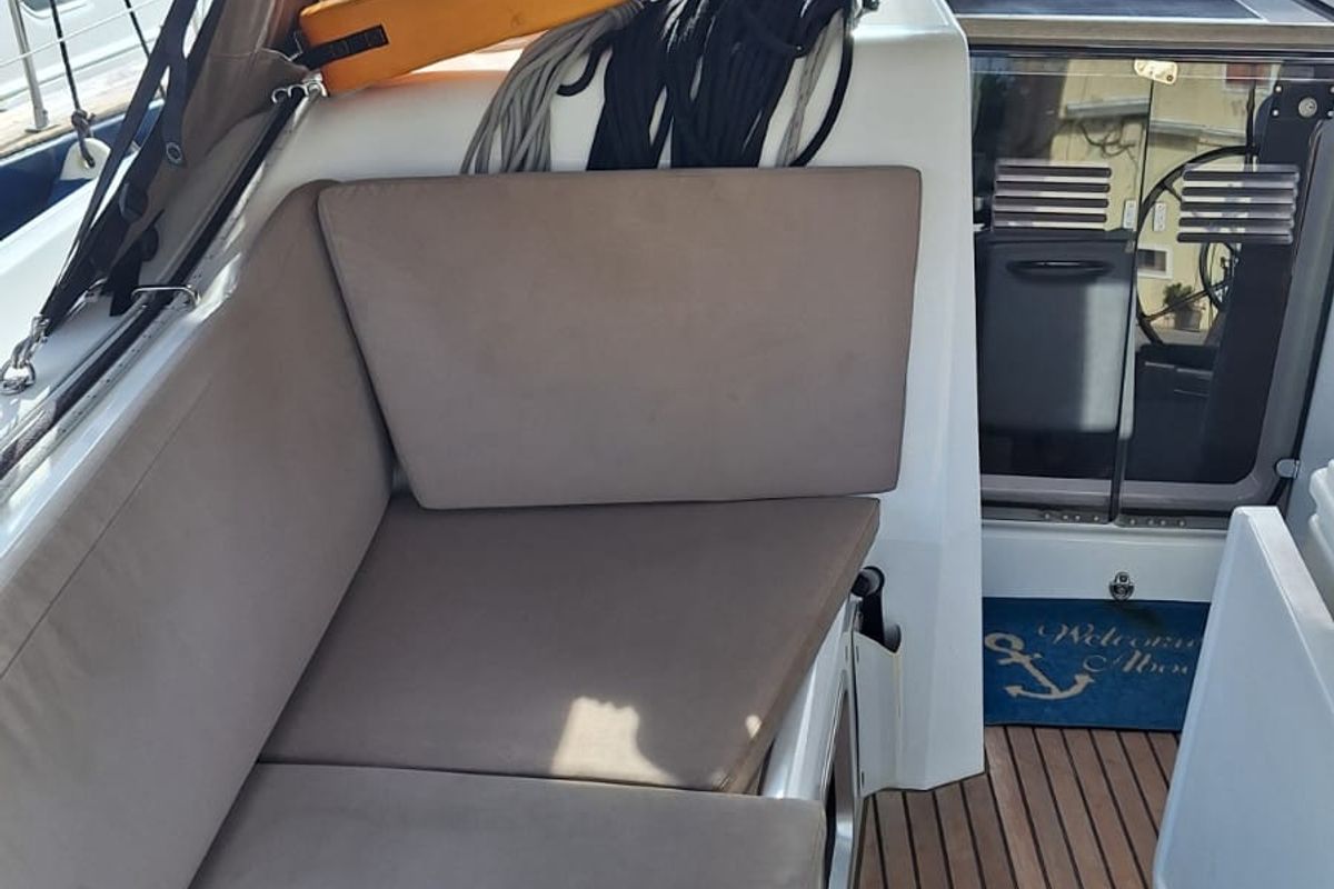 Cockpit of Iliada, a Jeanneau Sun Odyssey 410 sailboat at Municipal Unit of Palairos, Greece