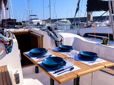 Deck of Larthia, a More Boats More 40 sailboat at Piombino, Italy