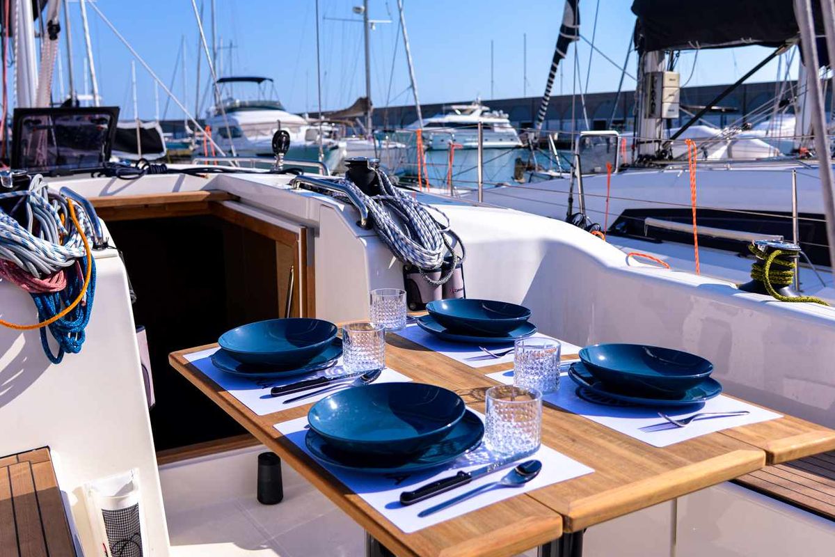 Deck of Larthia, a More Boats More 40 sailboat at Piombino, Italy