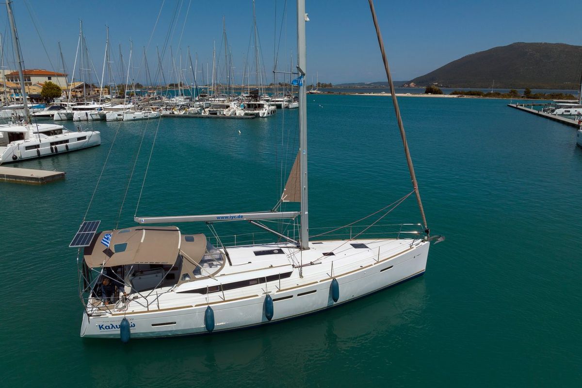 Exterior view of Kalypso, a Jeanneau Sun Odyssey 439 sailboat at Municipal Unit of Lefkada, Greece