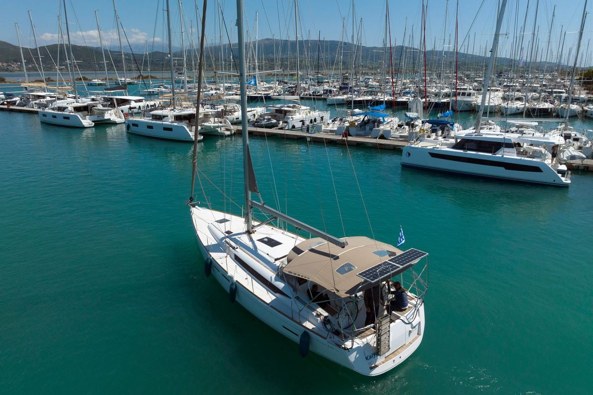 Exterior view of Kalypso, a Jeanneau Sun Odyssey 439 sailboat at Municipal Unit of Lefkada, Greece