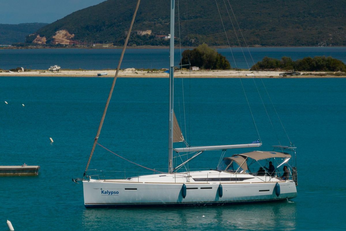 Exterior view of Kalypso, a Jeanneau Sun Odyssey 439 sailboat at Municipal Unit of Lefkada, Greece