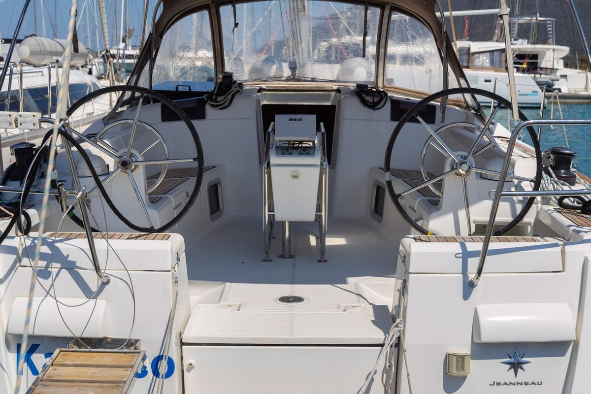 Cockpit of Kalypso, a Jeanneau Sun Odyssey 439 sailboat at Municipal Unit of Lefkada, Greece