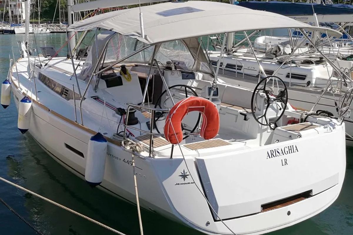 Exterior view of Arisaghia, a Jeanneau Sun Odyssey 449 sailboat at Agropoli, Italy