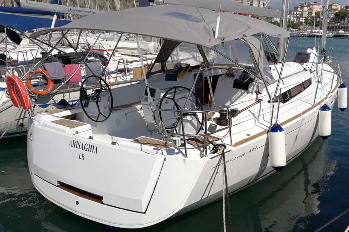 Exterior view of Arisaghia, a Jeanneau Sun Odyssey 449 sailboat at Agropoli, Italy