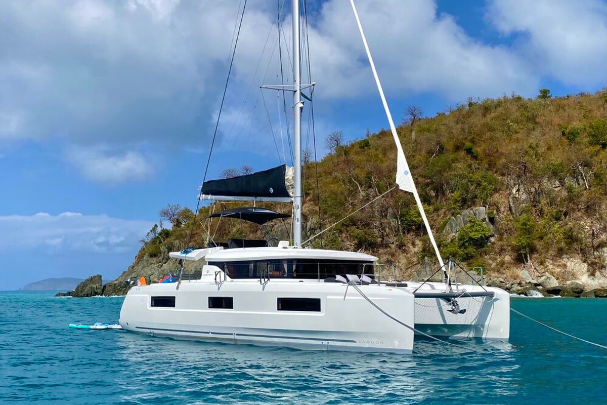 Exterior view of Maryna, a Lagoon 46 catamaran at Eden Island Marina, Seychelles