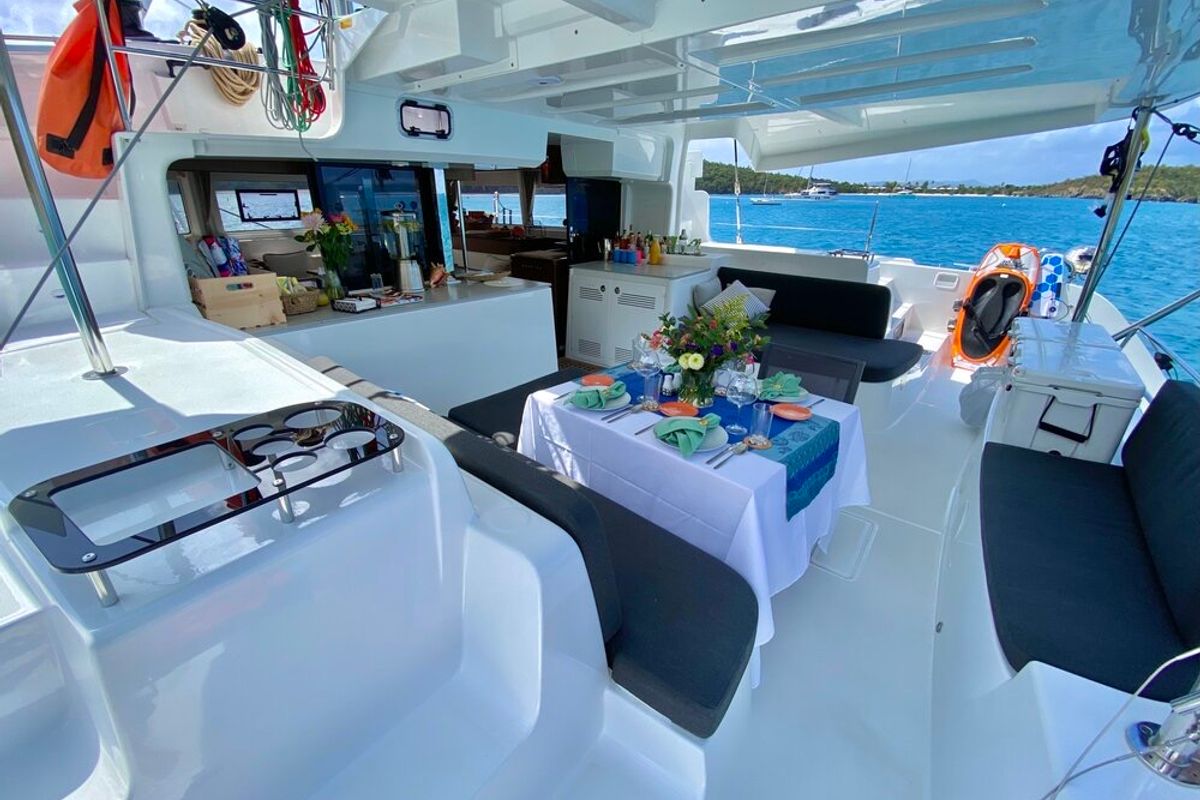 Deck of Maryna, a Lagoon 46 catamaran at Eden Island Marina, Seychelles