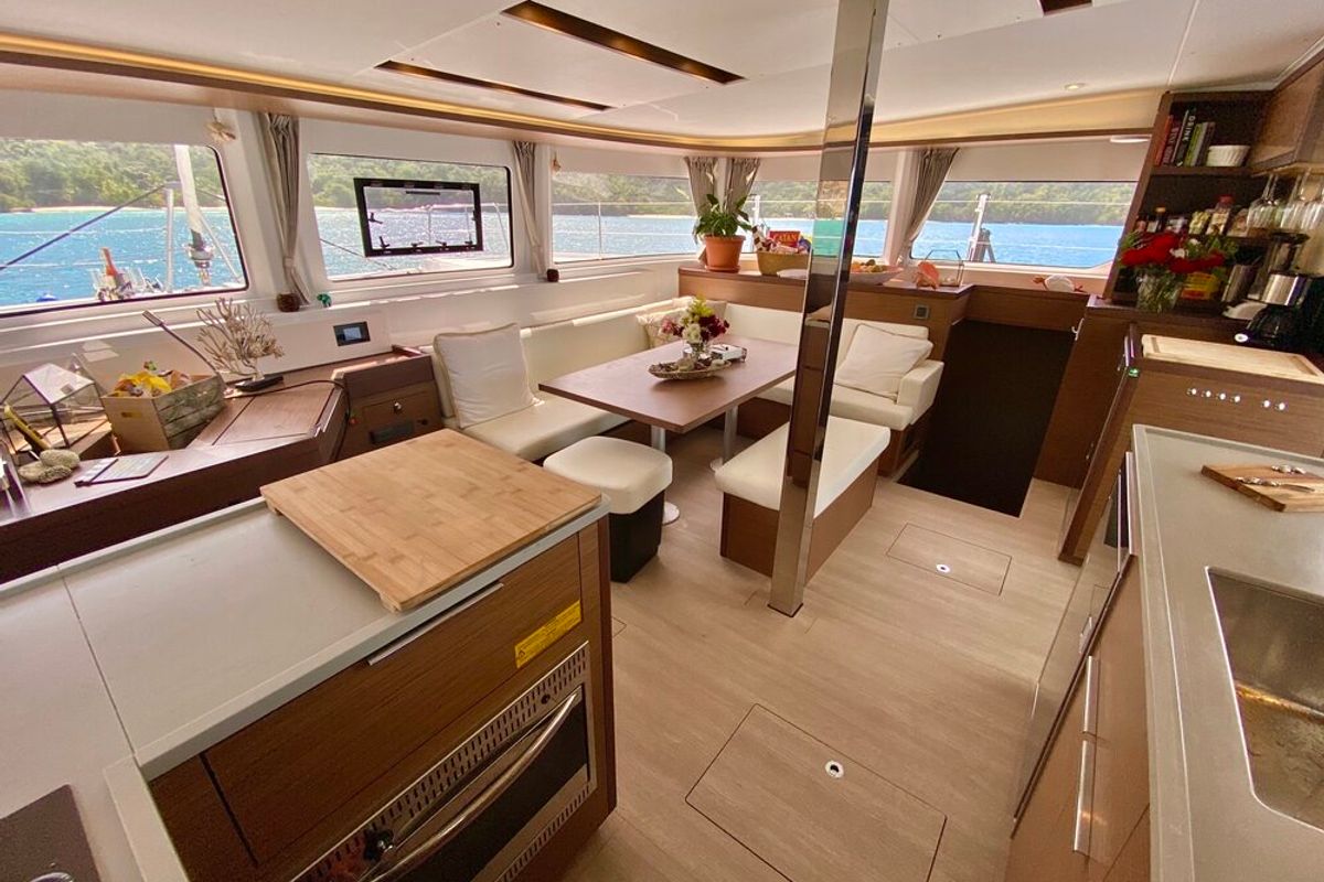 Salon of Maryna, a Lagoon 46 catamaran at Eden Island Marina, Seychelles