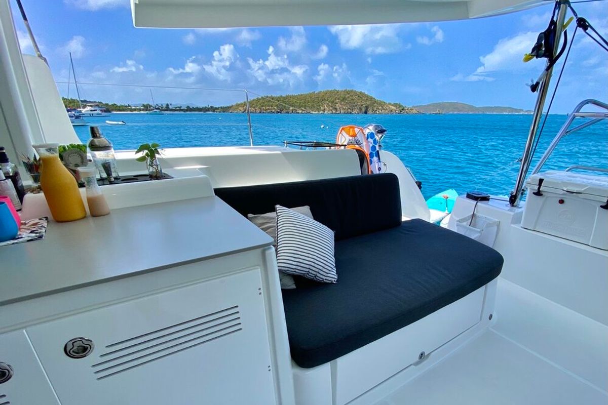 Deck of Maryna, a Lagoon 46 catamaran at Eden Island Marina, Seychelles