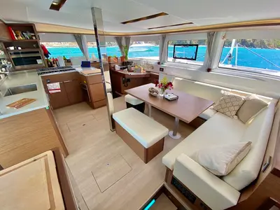 Salon of Maryna, a Lagoon 46 catamaran at Eden Island Marina, Seychelles