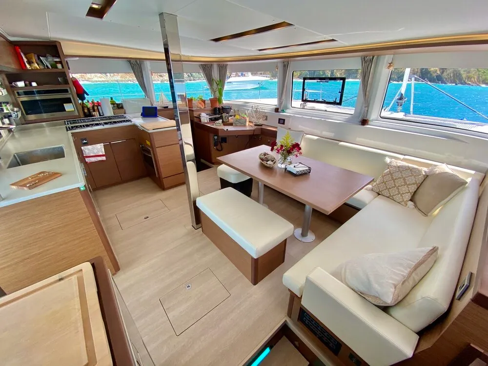Salon of Maryna, a Lagoon 46 catamaran at Eden Island Marina, Seychelles