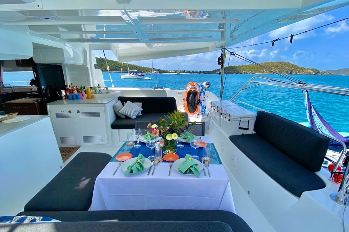 Deck of Maryna, a Lagoon 46 catamaran at Eden Island Marina, Seychelles