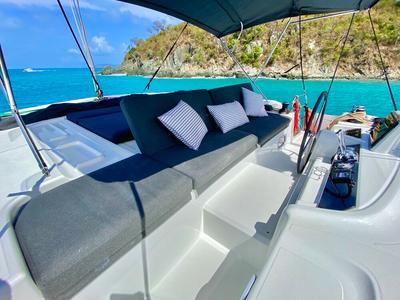 Cockpit of Maryna, a Lagoon 46 catamaran at Eden Island Marina, Seychelles