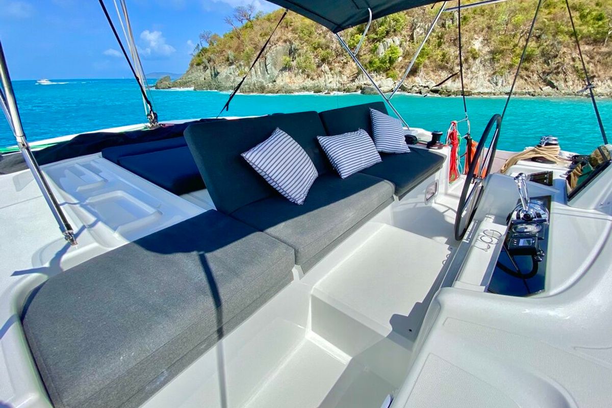 Cockpit of Maryna, a Lagoon 46 catamaran at Eden Island Marina, Seychelles