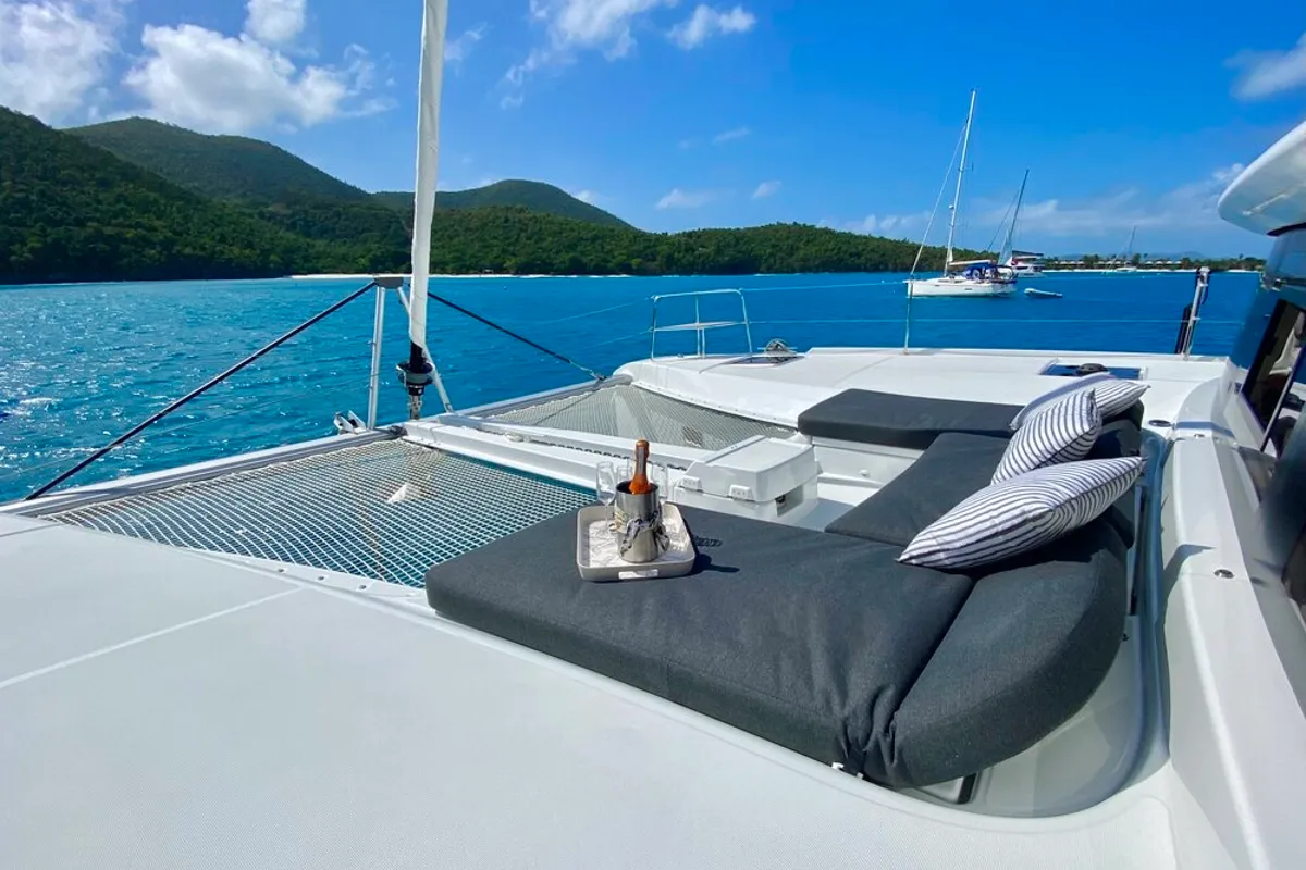 Deck of Maryna, a Lagoon 46 catamaran at Eden Island Marina, Seychelles