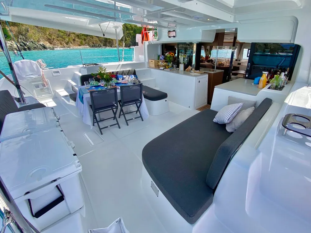 Deck of Maryna, a Lagoon 46 catamaran at Eden Island Marina, Seychelles