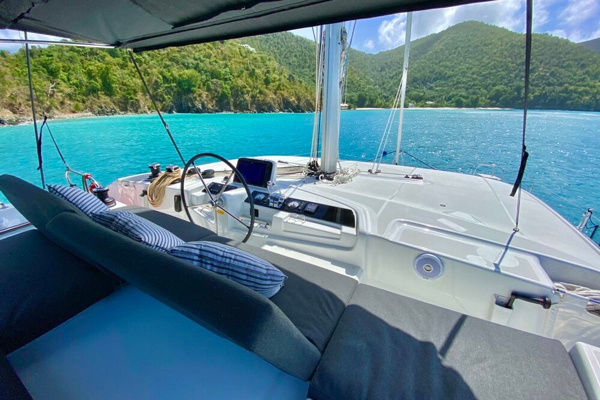 Cockpit of Maryna, a Lagoon 46 catamaran at Eden Island Marina, Seychelles