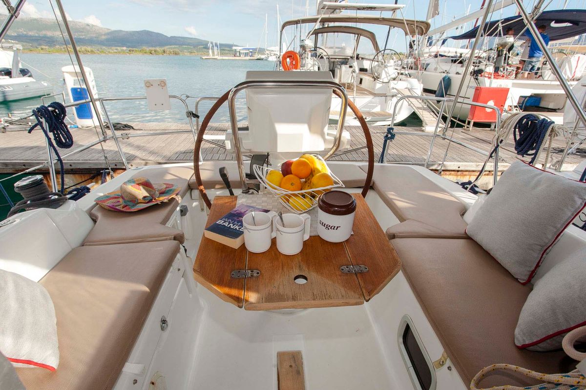 Cockpit of Moody Blues, a Beneteau Oceanis 31 sailboat at Municipal Unit of Lefkada, Greece