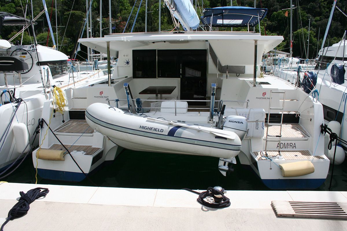 Exterior view of Admira, a Fountaine Pajot Lucia 40 catamaran at Seget Donji, Croatia