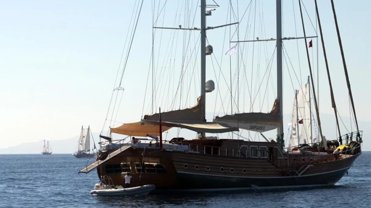 Exterior view of CARPEDIEM 5, a Gulet Custom built 183 yacht at Bodrum, Turkey