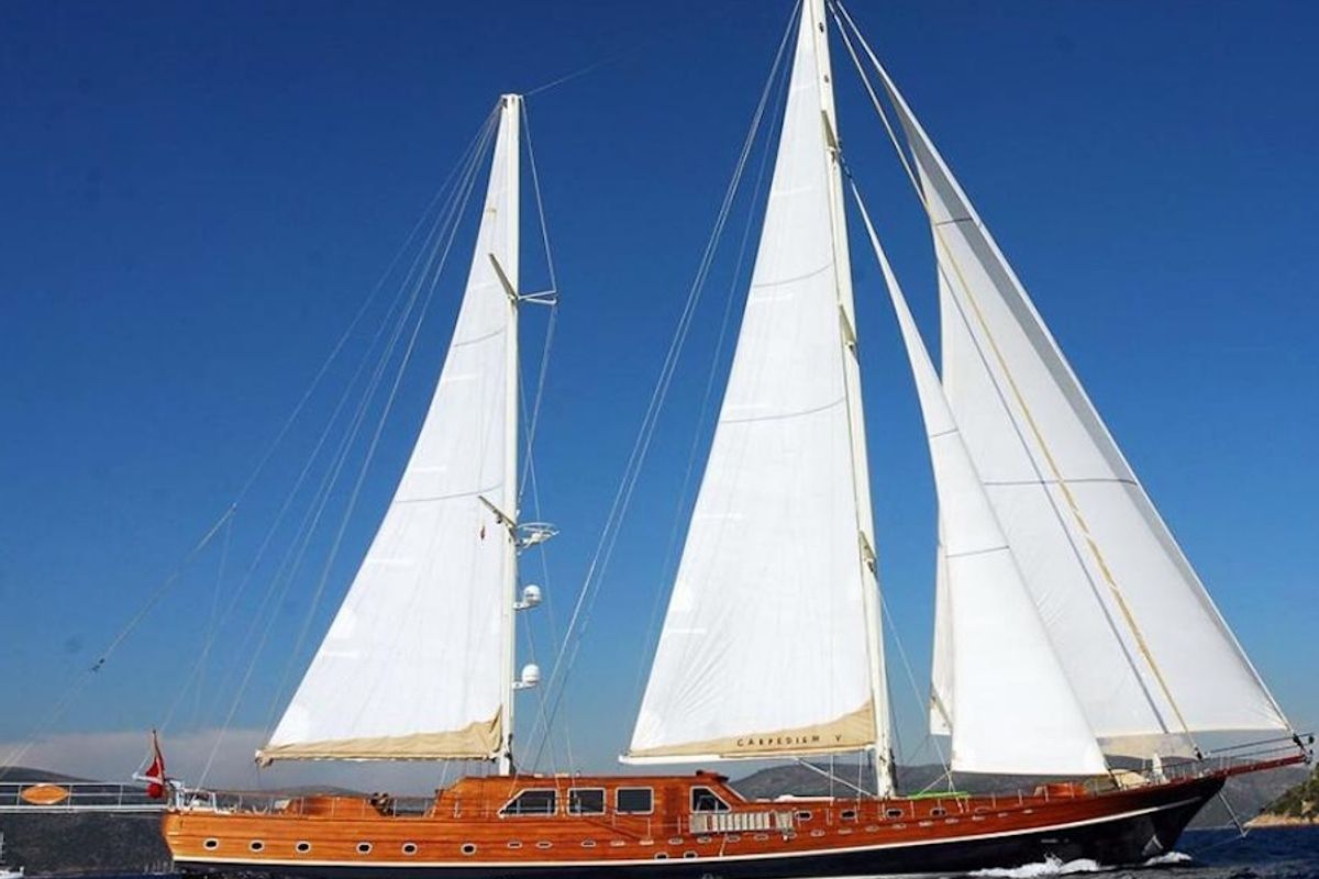 Exterior view of CARPEDIEM 5, a Gulet Custom built 183 yacht at Bodrum, Turkey