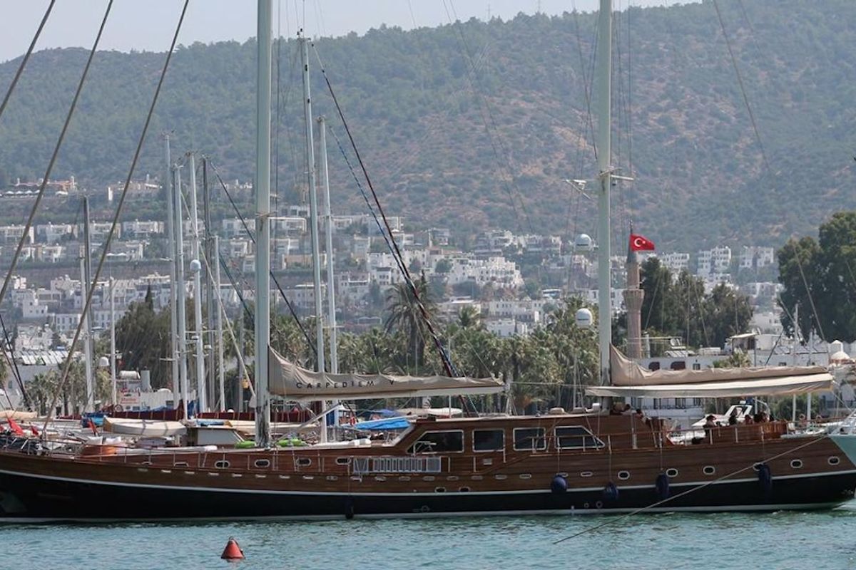 Exterior view of CARPEDIEM 5, a Gulet Custom built 183 yacht at Bodrum, Turkey