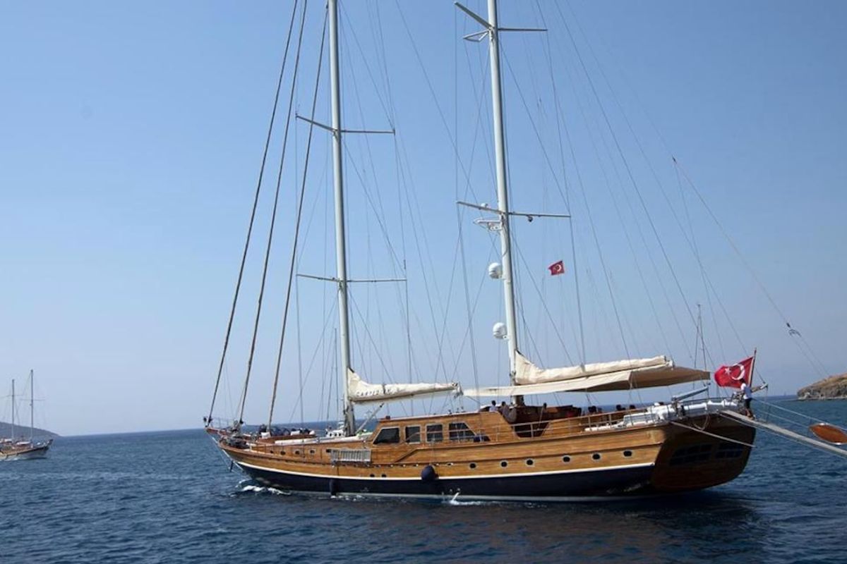 Exterior view of CARPEDIEM 5, a Gulet Custom built 183 yacht at Bodrum, Turkey