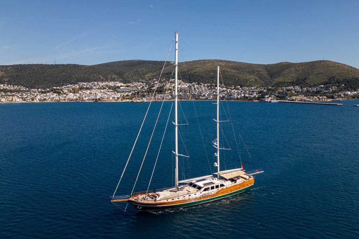 Exterior view of CARPEDIEM 5, a Gulet Custom built 183 yacht at Bodrum, Turkey