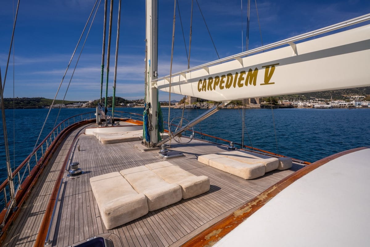 Deck of CARPEDIEM 5, a Gulet Custom built 183 yacht at Bodrum, Turkey