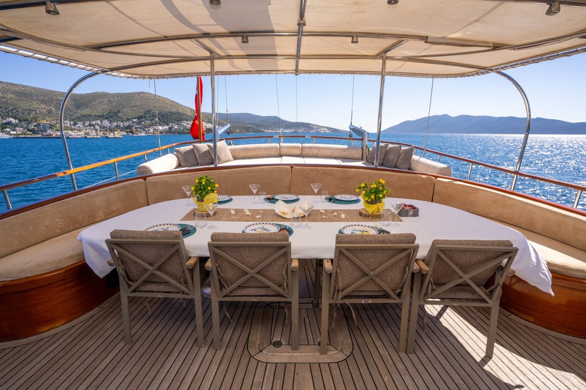 Deck of CARPEDIEM 5, a Gulet Custom built 183 yacht at Bodrum, Turkey