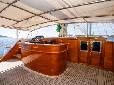 Cockpit of CARPEDIEM 5, a Gulet Custom built 183 yacht at Bodrum, Turkey