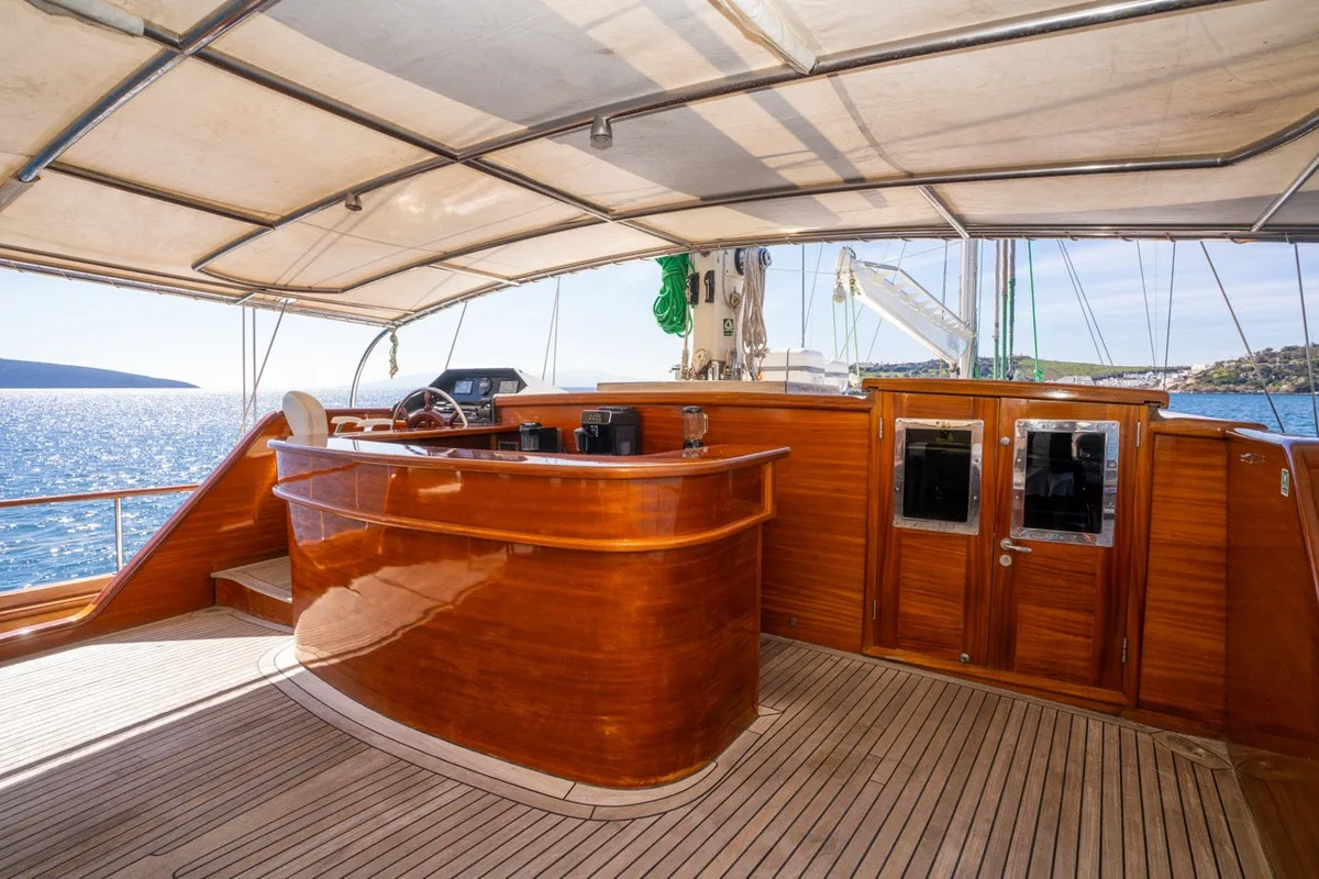 Cockpit of CARPEDIEM 5, a Gulet Custom built 183 yacht at Bodrum, Turkey