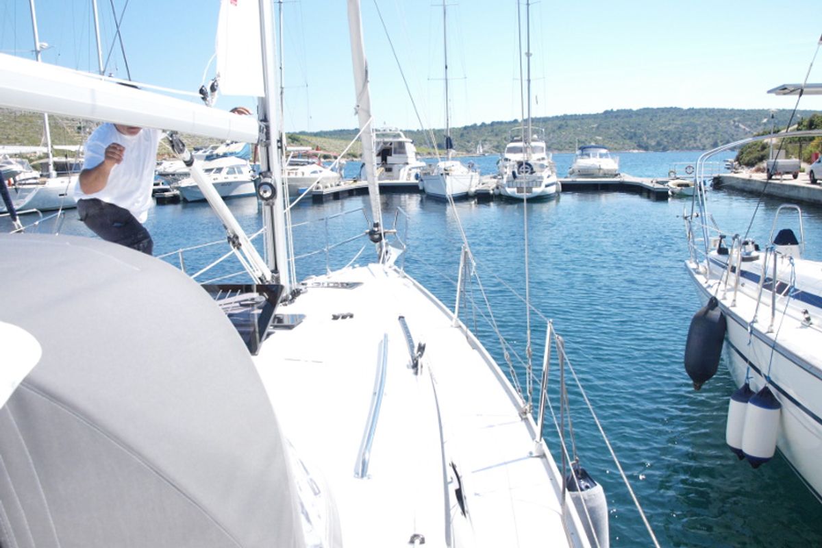 Deck of Sea Lion, a Bavaria Cruiser 33 sailboat at Primošten, Croatia