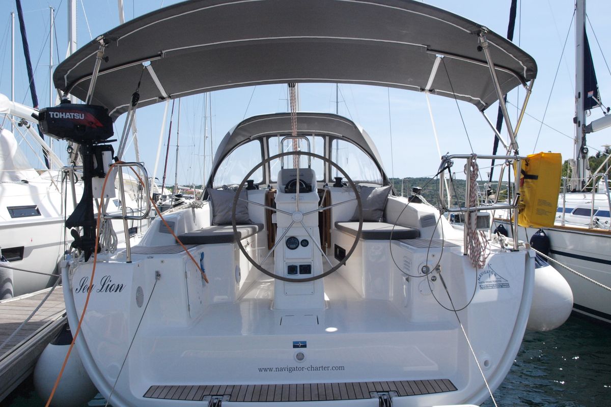 Exterior view of Sea Lion, a Bavaria Cruiser 33 sailboat at Primošten, Croatia
