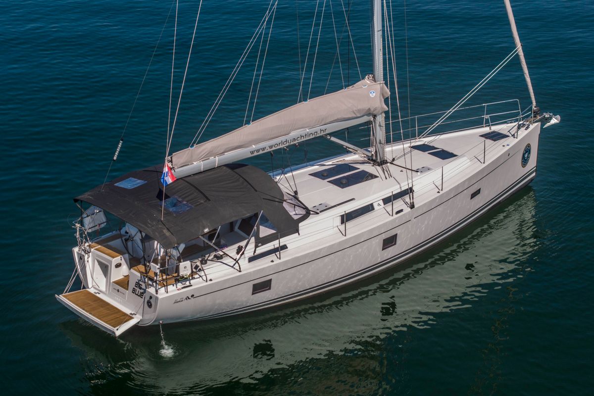 Exterior view of Big Blue, a Hanse Yachts Hanse 458 sailboat at Grad Šibenik, Croatia